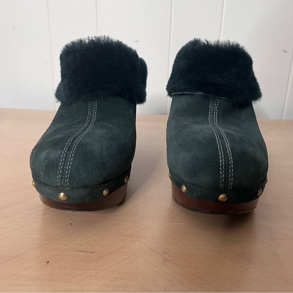 Rockport Forest Green Suede Wooden Clog with Faux Fur Trim Women's - Picture 3 of 11
